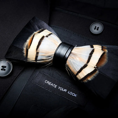 KAMBERFT Designer Brand Handmade Feather and Leather Pre-Tied Bow Tie and Brooch Sets for Men Wedding Party Best Cravate
