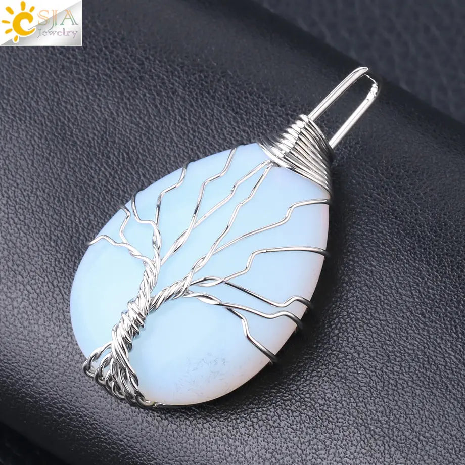 Tiger Eye Tree of Life Crystal Necklace Natural Stone Pendant Wire Wrap Rose Crystals Pink Quartz Amethyst Green Aventurine E585
