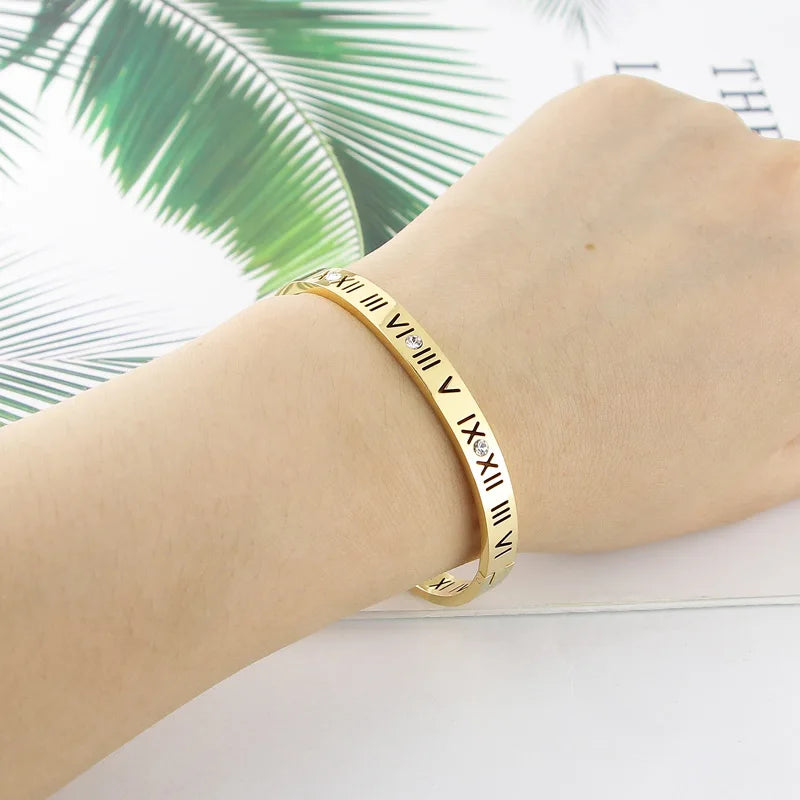 Opening Titanium Steel Bangles Crystal Gold Color Bangles Roman Numerals Women's Bracelet