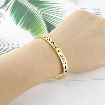 Opening Titanium Steel Bangles Crystal Gold Color Bangles Roman Numerals Women's Bracelet