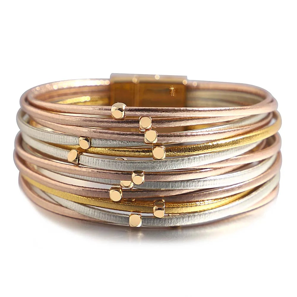 ALLYES Metal Beads Leather Bracelets for Women 2023 Slim Strips Boho Multilayer Wide Wrap Bracelet Femme Jewelry