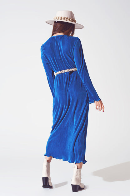 Satin Wrap Detail Pleated Dress in Blue
