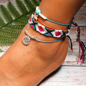 MOON GIRL Handmade Weave Bobo Lotus Anklet Set Fashion Starfish 4 Pieces Bohemian Chic Summer Bracelet Ankle for Women