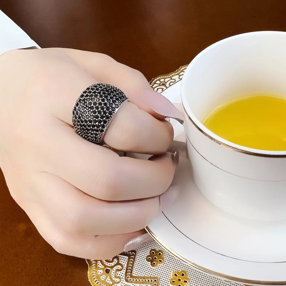 Black Pave Cocktail Ring Europe Style Fine Jewerly for Women Men 2022 Spring Vintage 925 Sterling Silver