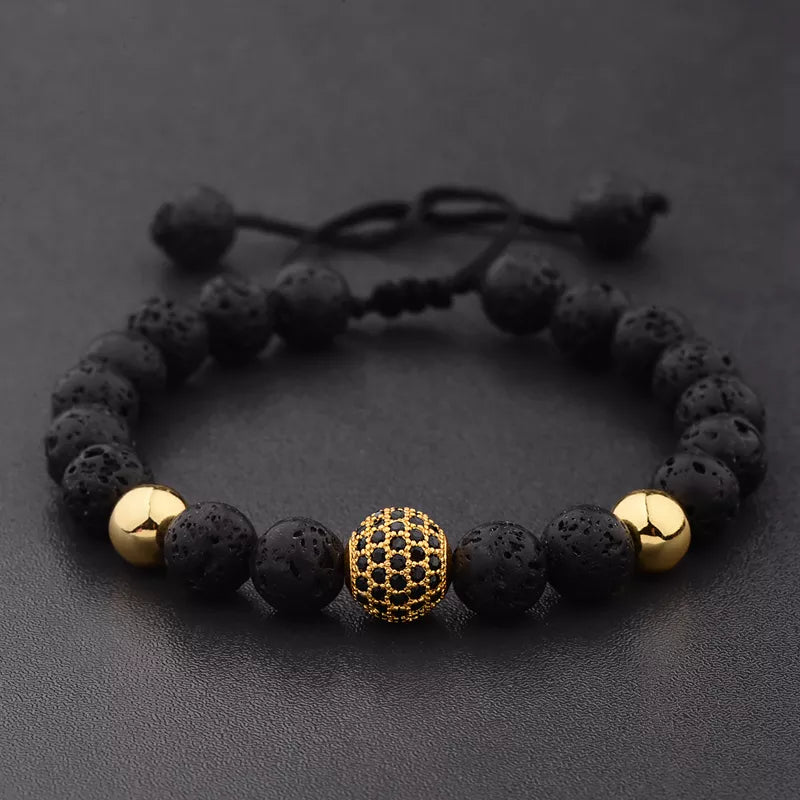 DOUVEI Round Black CZ Zircon Pave Lava Weaving Bracelet Men Beads Weaving Bracelet Homme Adjustable ABL005