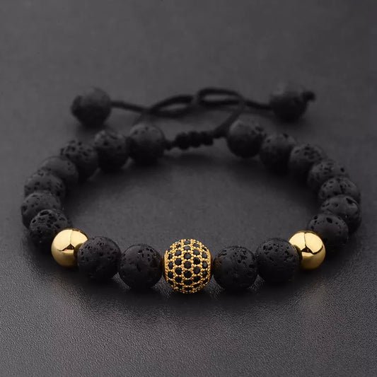 DOUVEI Round Black CZ Zircon Pave Lava Weaving Bracelet Men Beads Weaving Bracelet Homme Adjustable ABL005