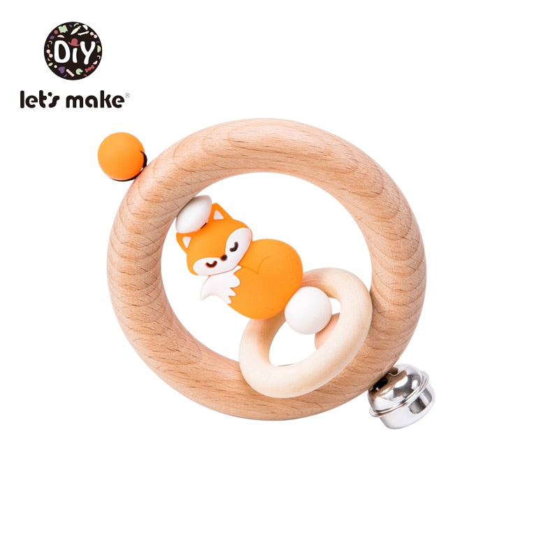 Baby Toys 1pc Silicone Beads Cartoon Rattle Teething Ring of Beech Wood 0-12 Moths Children Christmas Stroller Let's Make