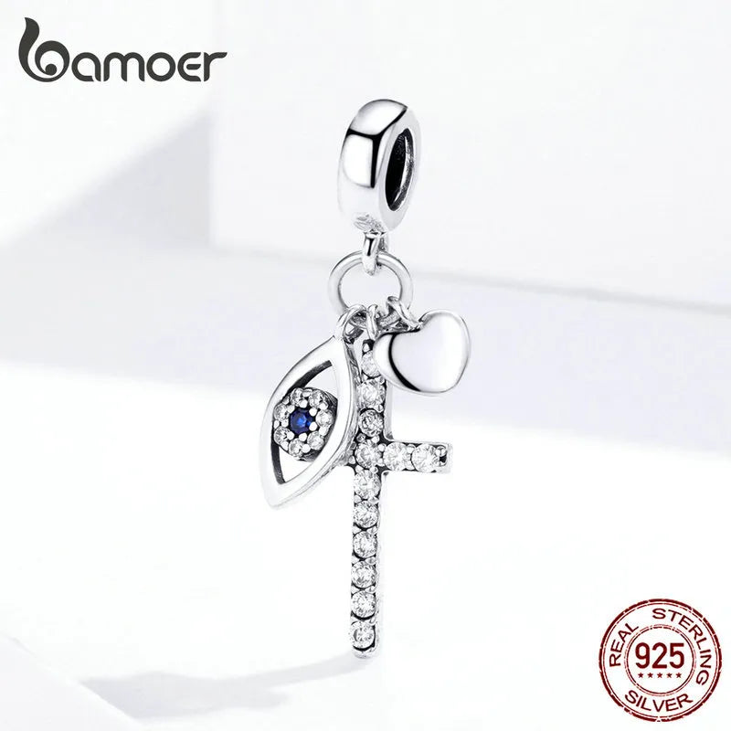 Bamoer Multiple Guardian Eye Pendant Charm for Bracelet 925 Sterling Silver Corss Charm Silver 925 Original Jewelry SCC1327