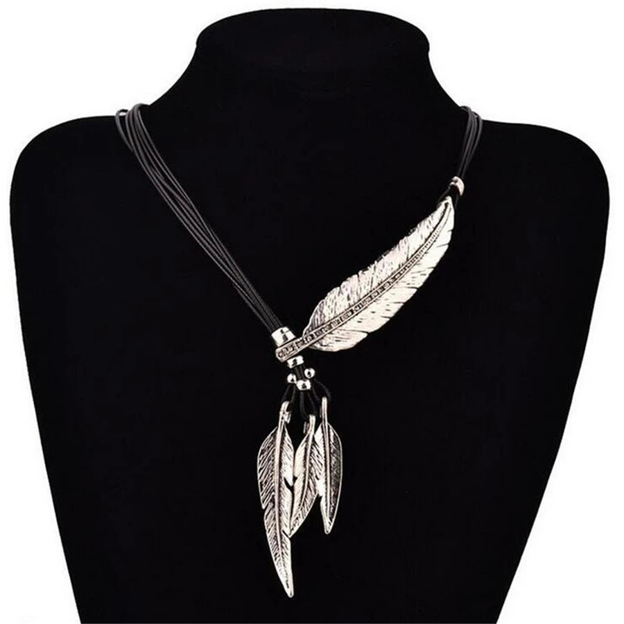 Collier Femme Feather Necklaces & Pendants Rope Leather Vintage Maxi Colar for Statement Necklace Women Fashion Jewelry Bijoux