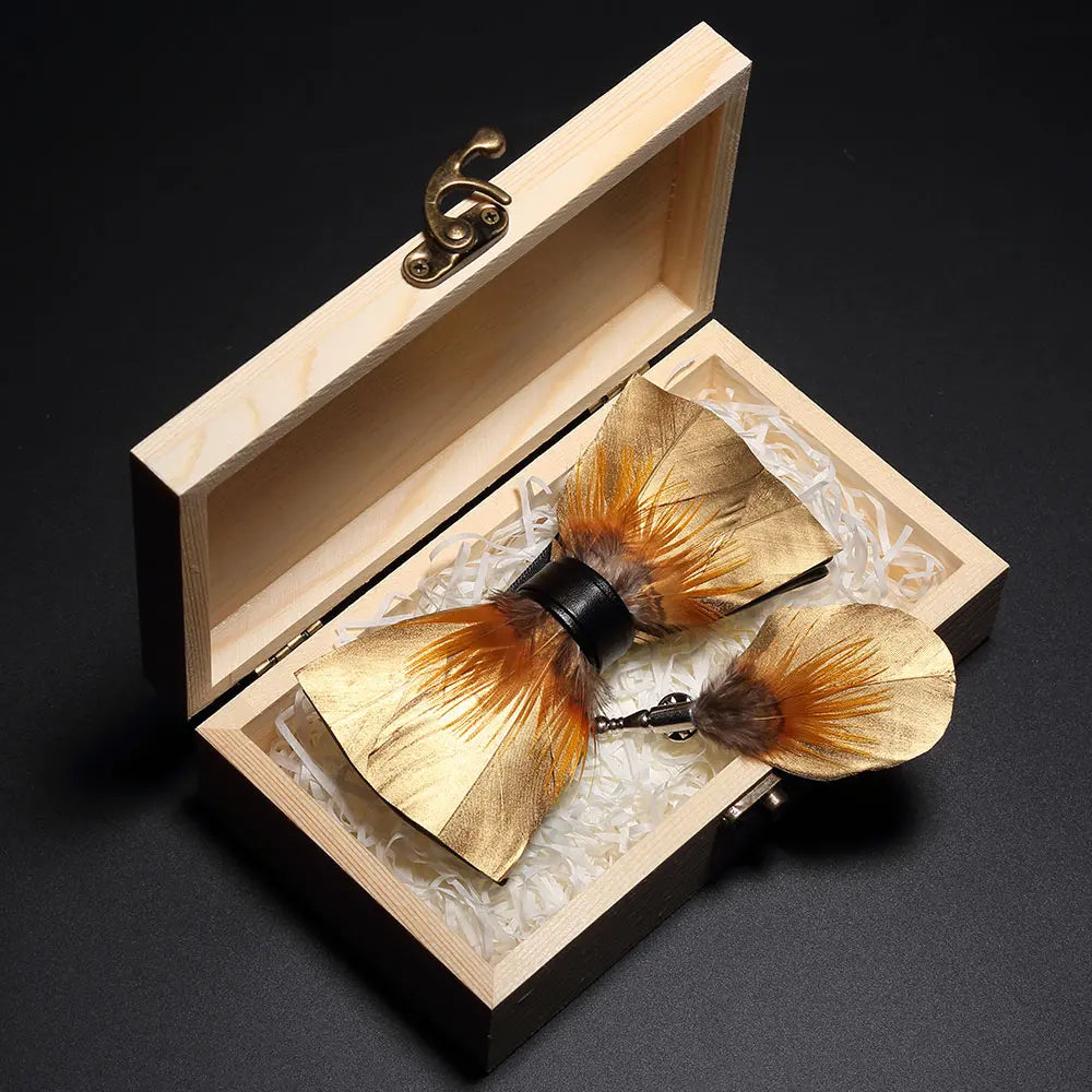 KAMBERFT Design Handmade Feather Bow Tie Brooch Wooden Box Set High Quality Men's Bowtie Leather Tie for Wedding Party Banquet