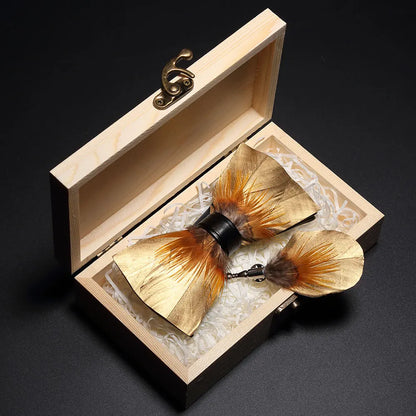 KAMBERFT Design Handmade Feather Bow Tie Brooch Wooden Box Set High Quality Men's Bowtie Leather Tie for Wedding Party Banquet