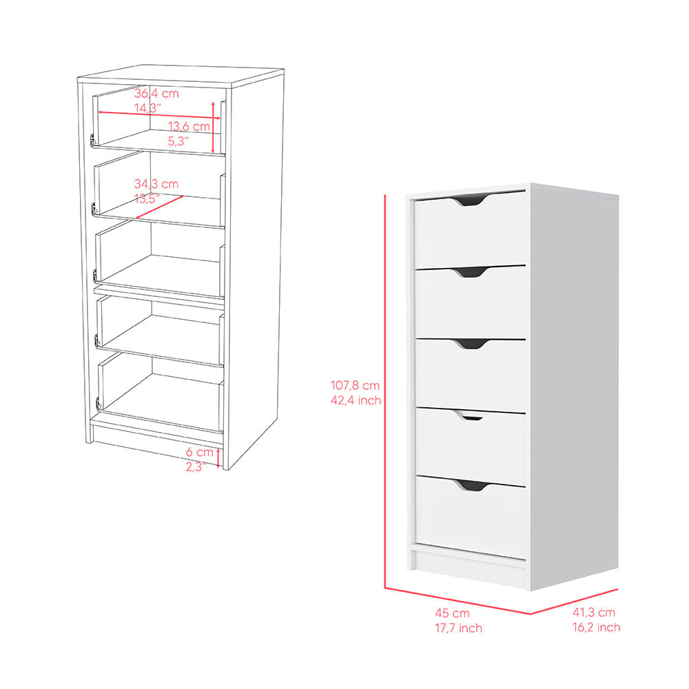 Kamran Dresser, Five Drawer Narrows -White