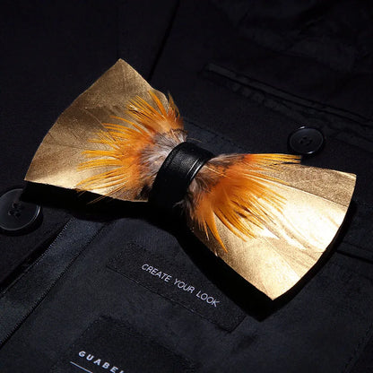 KAMBERFT Designer Brand Handmade Feather and Leather Pre-Tied Bow Tie and Brooch Sets for Men Wedding Party Best Cravate
