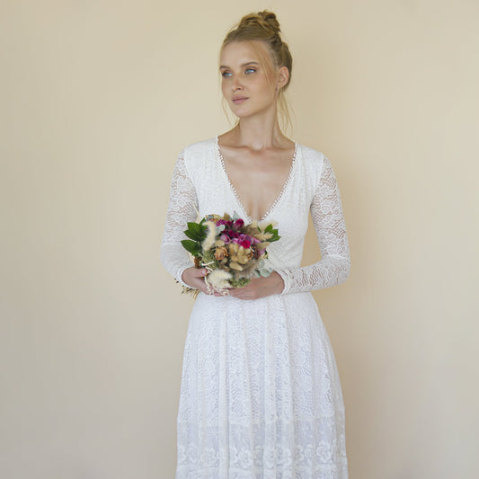 Bohemian Lace Wedding Dress Wrap Neckline With Fringes #1363