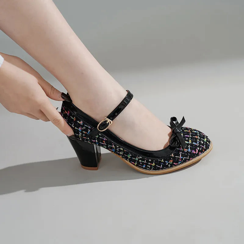 YMECHIC Spring Fashion 2022 Women Heels Glitter Bling Bowtie Lolita Mary Jane High Heel Shoes Pink Black Cute Womens Shoes Pumps