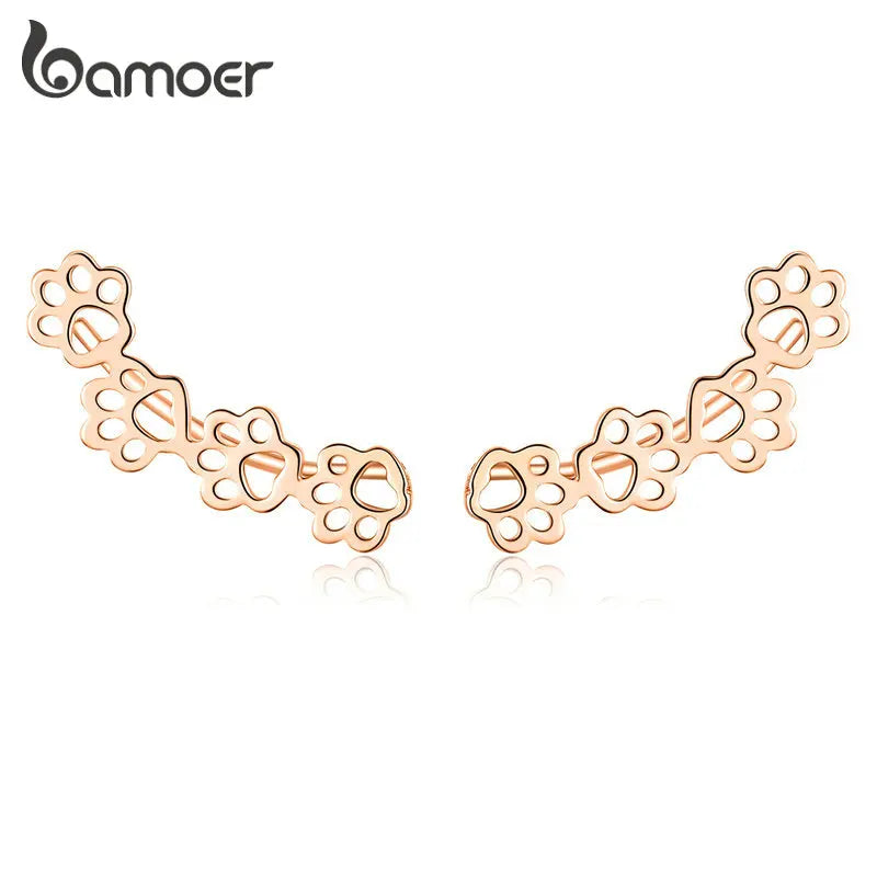 BAMOER 925 Sterling Silver Paw Trail Cat and Dog Footprints Stud Earrings for Women Sterling Silver Jewelry SCE430