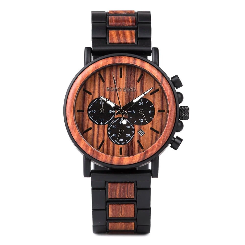 BOBO BIRD Luxury Wood Stainless Steel Men Watch Stylish Wooden Timepieces Chronograph Quartz Watches Relogio Masculino Man