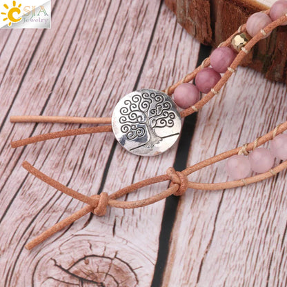 CSJA Natural Stone Bracelet Pink Quartz Leather Wrap Bracelets for Women Rose Gems Crystal Beads Bohemia  Jewelry 5 Strand S308