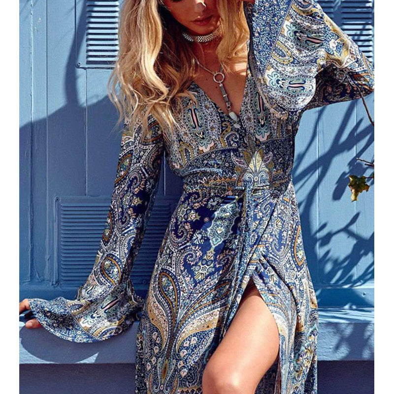 Women Summer Dress Boho Style Women Long Maxi Evening Party Dress Vintage Floral v Neck High Split Beach Dresses Su