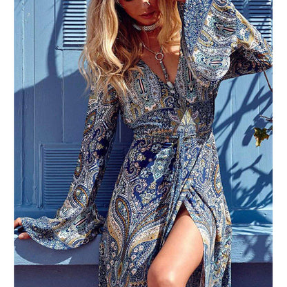Women Summer Dress Boho Style Women Long Maxi Evening Party Dress Vintage Floral v Neck High Split Beach Dresses Su
