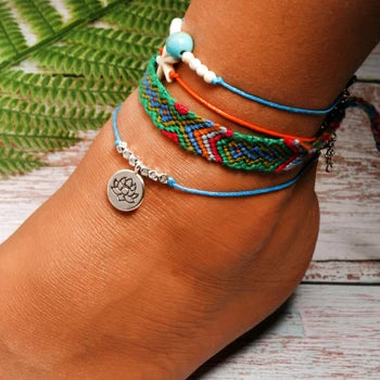 MOON GIRL Handmade Weave Bobo Lotus Anklet Set Fashion Starfish 4 Pieces Bohemian Chic Summer Bracelet Ankle for Women