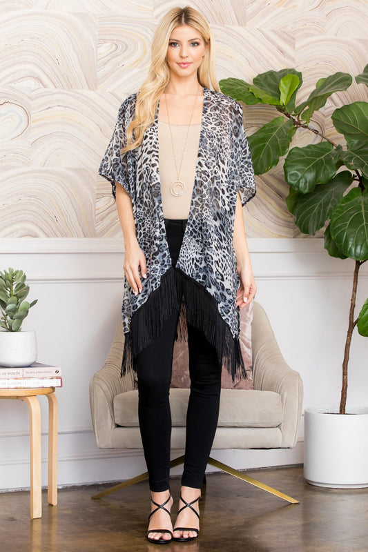 Ms0095bk - Leopard Fringe Kimono