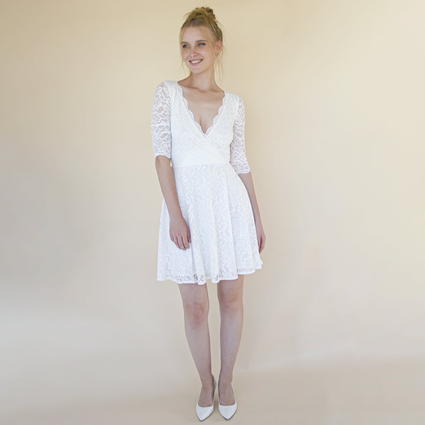Ivory Wrap Lace Mini Wedding Dress Bracelet Sleeves #1373