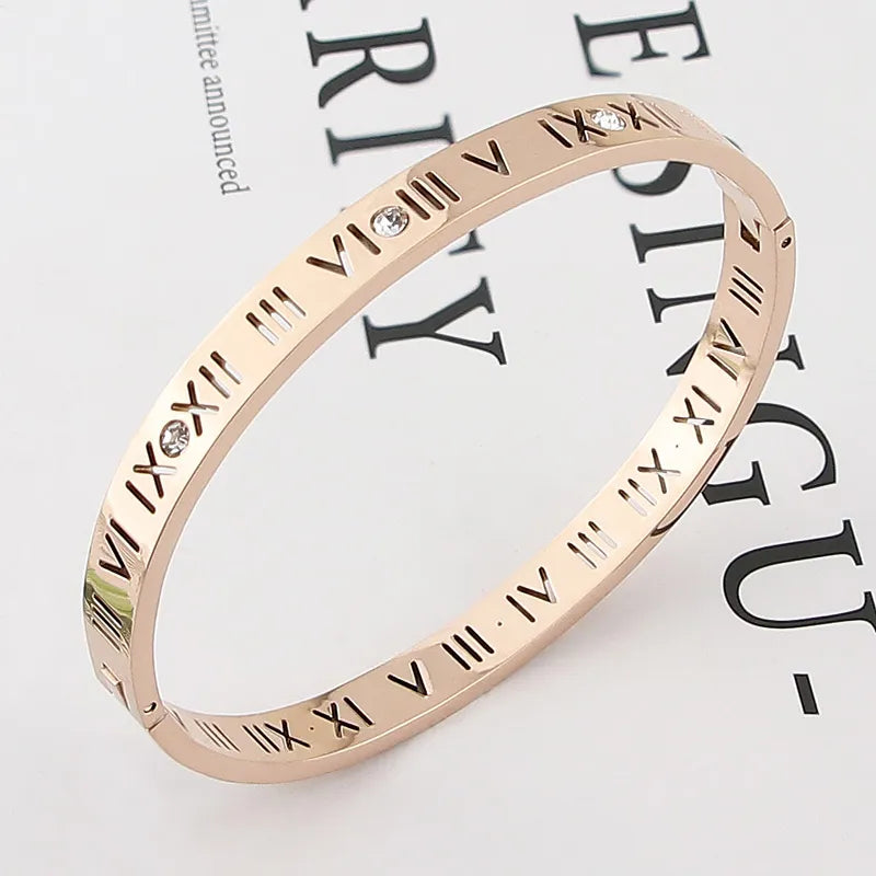 Opening Titanium Steel Bangles Crystal Gold Color Bangles Roman Numerals Women's Bracelet