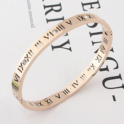 Opening Titanium Steel Bangles Crystal Gold Color Bangles Roman Numerals Women's Bracelet