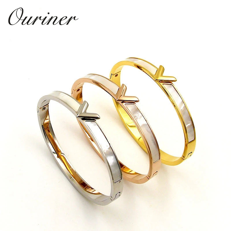 Luxury Brand Natural Shell v Shape Bracelet & Bangle for Women Men Charm Hollow Letter Bangle Love Silver-Color Pulseiras K088-1