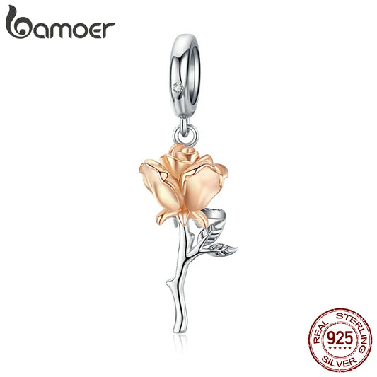Bamoer 3D Rose Flower Pendant Charm 925 Sterling Silver Rose Gold Color Charms for Bracelet or Necklace DIY Sunflower Charms