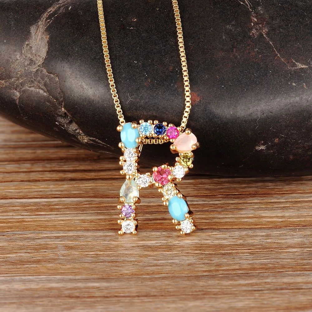 Nidin Rainbow Color Initial CZ Necklace Charm Letter Pendant Name Jewelry Women Accessories Fine Party Birthday