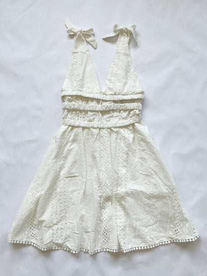 Foridol Bowknot Lace Up Shoulder Hollow Out White Lace Dress Double v Neck Sleeveless Casual Beach Summer Dress Women New