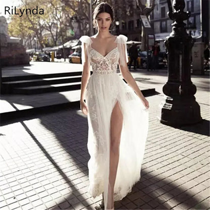 NEW High Slits Wedding Dresses Backless Bohemia Spaghetti Neckline Lace Appliqued Bridal Gowns Plus Size Wedding Dres