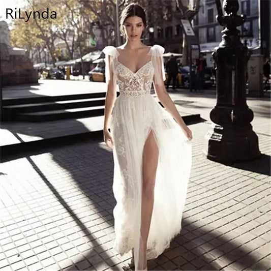 NEW High Slits Wedding Dresses Backless Bohemia Spaghetti Neckline Lace Appliqued Bridal Gowns Plus Size Wedding Dres