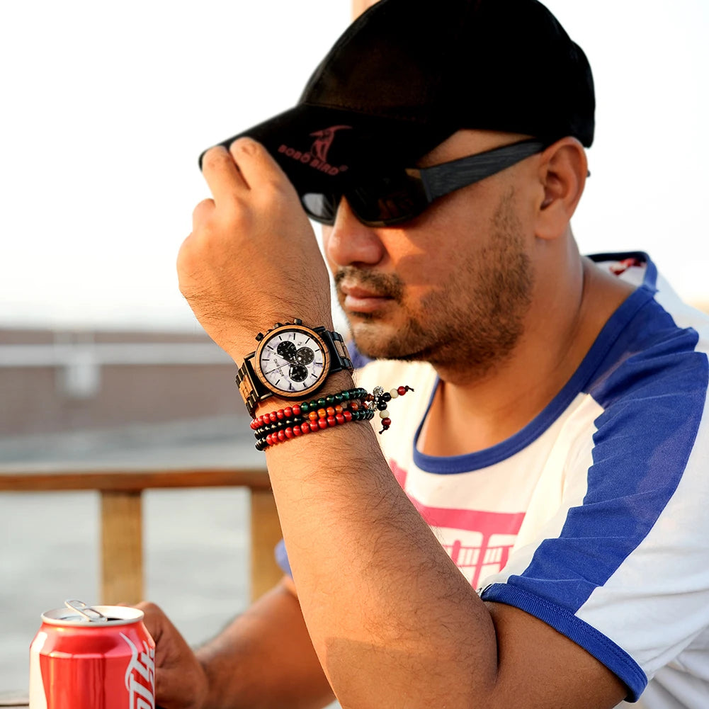 BOBO BIRD P09 Wood and Stainless Steel Watches Mens Chronograph Wristwatches Luminous Hands Stop Clock
