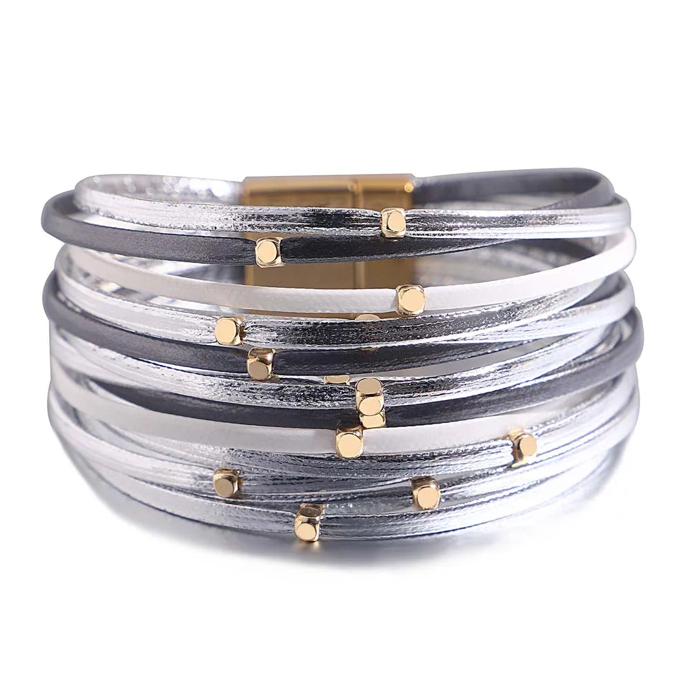 ALLYES Metal Beads Leather Bracelets for Women 2023 Slim Strips Boho Multilayer Wide Wrap Bracelet Femme Jewelry