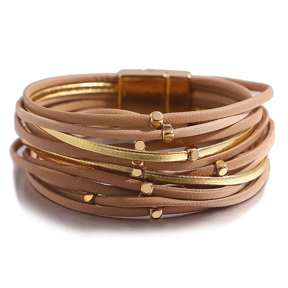 ALLYES Metal Beads Leather Bracelets for Women 2023 Slim Strips Boho Multilayer Wide Wrap Bracelet Femme Jewelry