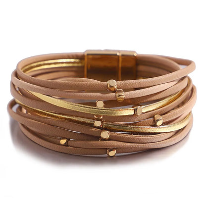 ALLYES Metal Beads Leather Bracelets for Women 2023 Slim Strips Boho Multilayer Wide Wrap Bracelet Femme Jewelry