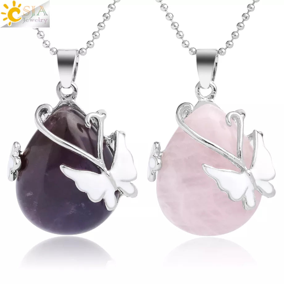 CSJA Water Drop Natural Stone Pendant Butterfly Necklace Pink Quartz Purple Crystal Tiger Eye Flower Necklace for Women Men G082
