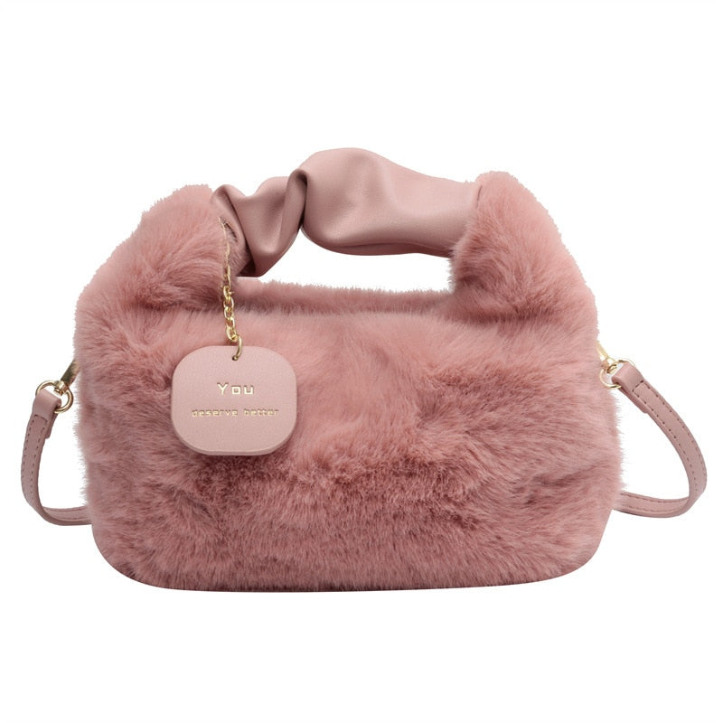 Women Faux Fur Handbags Zipper Small Lady Shoulder Crossbody Bag Casual Tote Half-Moon Hobos Winder