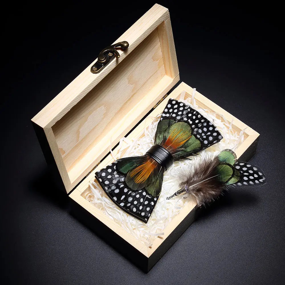 KAMBERFT Design Handmade Feather Bow Tie Brooch Wooden Box Set High Quality Men's Bowtie Leather Tie for Wedding Party Banquet