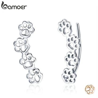 BAMOER 925 Sterling Silver Paw Trail Cat and Dog Footprints Stud Earrings for Women Sterling Silver Jewelry SCE430