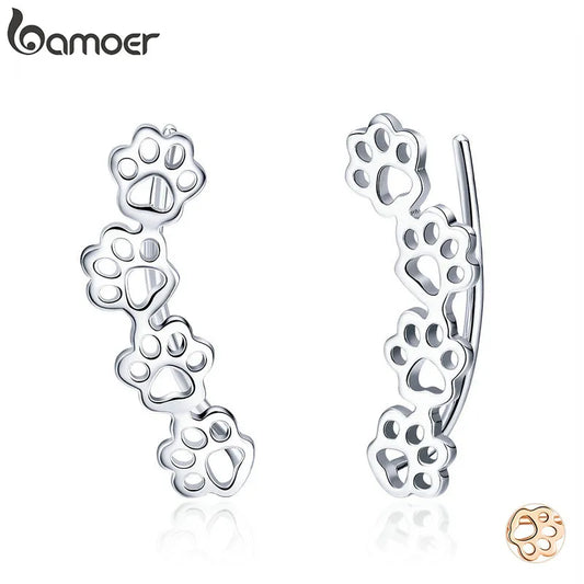 BAMOER 925 Sterling Silver Paw Trail Cat and Dog Footprints Stud Earrings for Women Sterling Silver Jewelry SCE430