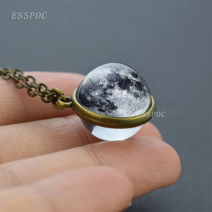 Full Moon Sphere Crystal Ball Glass Necklace Handmade Double Side Glass Ball Pendant Solar System Outer Space Astronomy Jewelry