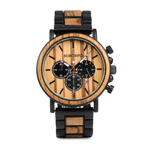 BOBO BIRD P09 Wood and Stainless Steel Watches Mens Chronograph Wristwatches Luminous Hands Stop Clock