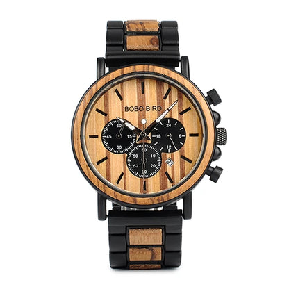 BOBO BIRD P09 Wood and Stainless Steel Watches Mens Chronograph Wristwatches Luminous Hands Stop Clock