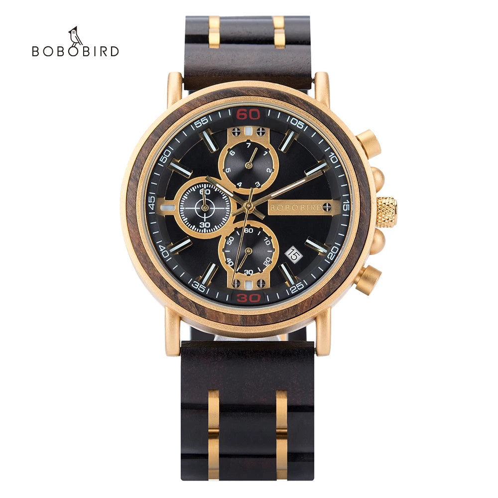 BOBO BIRD P09 Wood and Stainless Steel Watches Mens Chronograph Wristwatches Luminous Hands Stop Clock