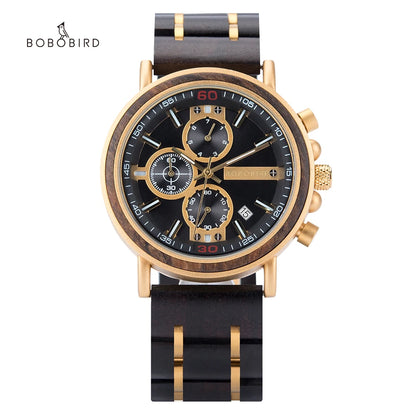 BOBO BIRD P09 Wood and Stainless Steel Watches Mens Chronograph Wristwatches Luminous Hands Stop Clock