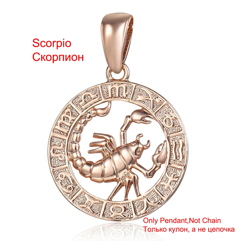 Davieslee Pendant Necklace for Women 12 Zodiac Sign Constellation Yellow Rose Gold Color Womens Necklaces Round Shaped LGPM16